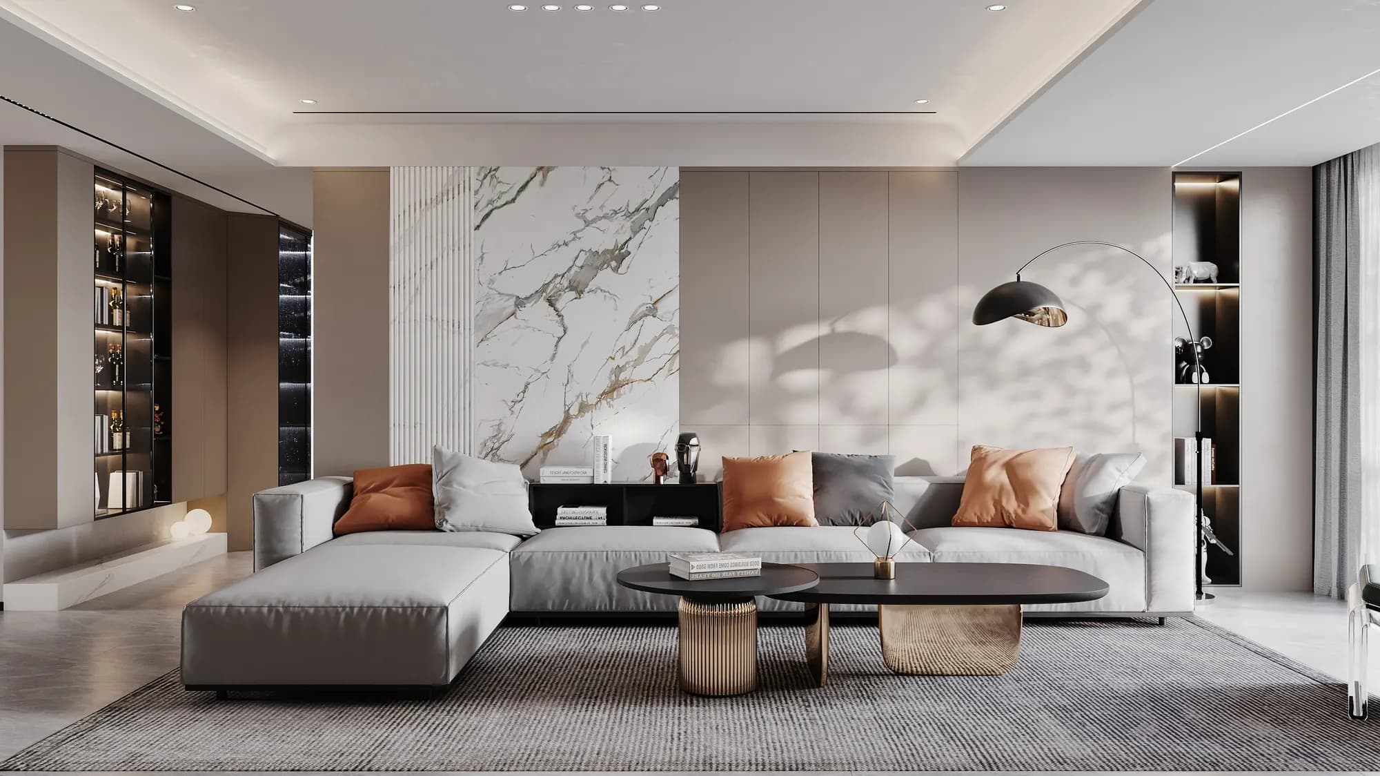 Salón con pared de mármol PVC y suelo DECOHAUS